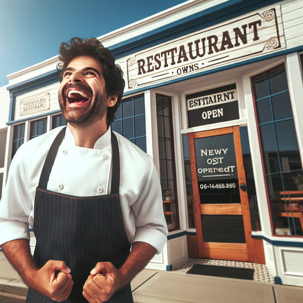 Ein Mann vor seinem Restaurant, was er jetzt eröffnen kann. Er ist Existenzgründer in der Gastronomie.