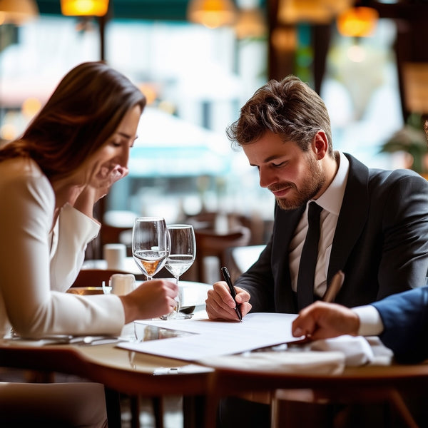 Ein Mann und eine Frau sitzen in einem Restaurant an einem Tisch . Sie sind vertieft in einen Brauereivertrag den Sie unterschreiben möchten.