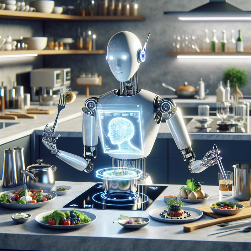 Ein Roboter schminkt den Löffel in einer Küche. Ers steht vor einer Herdplatte und um Ihn herum stehen viele Speisen die er wahrscheinlich durch seine KI zubereiten wird.