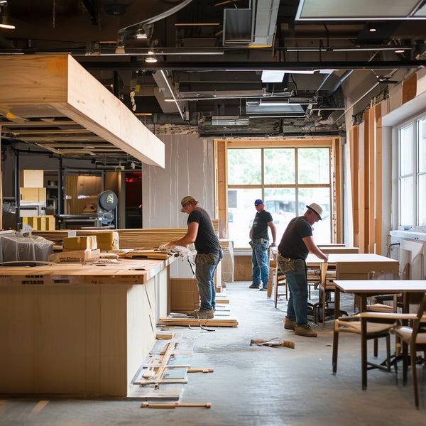 Der Handwerker bauen für ein neues Restaurant einen Tresen und neue Tische 