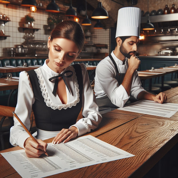 Eine Kellnerin und ein Kochs sitzen an einem Tisch und füllen gerade ein Gastronomie Quiz aus. Sie möchten sich in der Gastronomie weiterbilden.